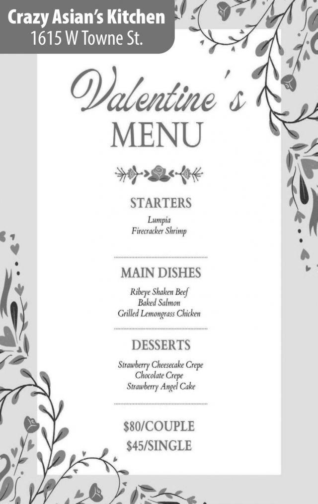 Valentine's Menu, Crazy Asian's Kitchen