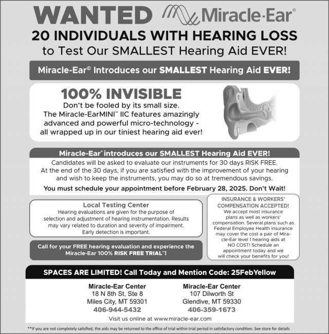 Wanted 20 Individuals with Hearing Loss,  Miracle-Ear / Miles City - Glendive, Glendive, MT