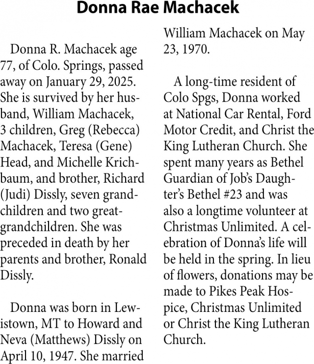 Donna Rae Machacek, Obituaries, Glendive, MT