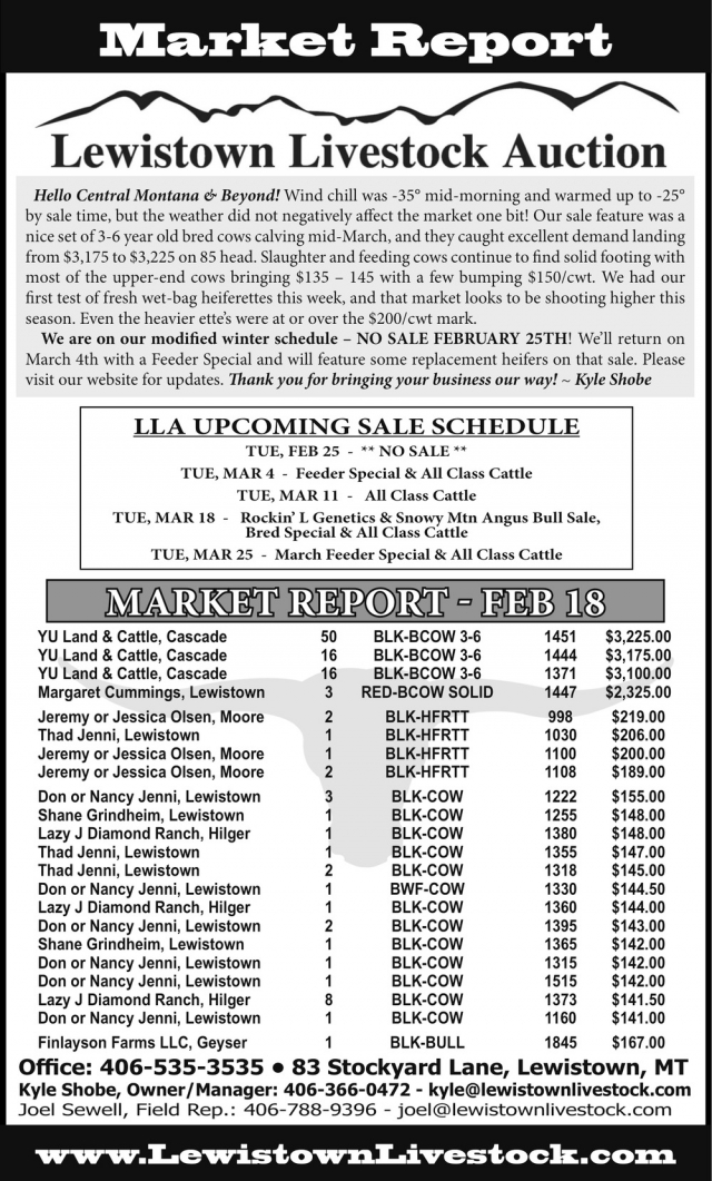 LLA Upcoming Sale Schedule, Lewistown Livestock Auction, Lewistown, MT