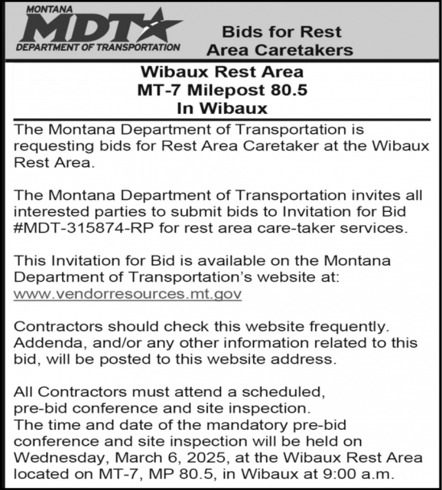 Bids for Rest Area Caretakers, Montana Department of Transportation, Helena, MT