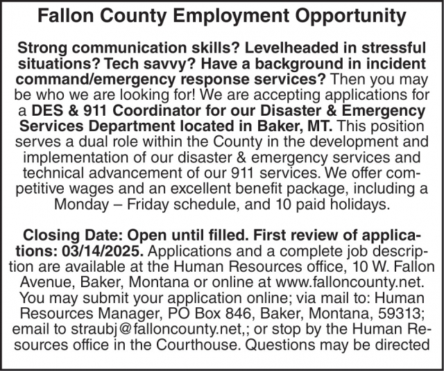 DES & 911 Coordinator, Fallon County, Baker, MT