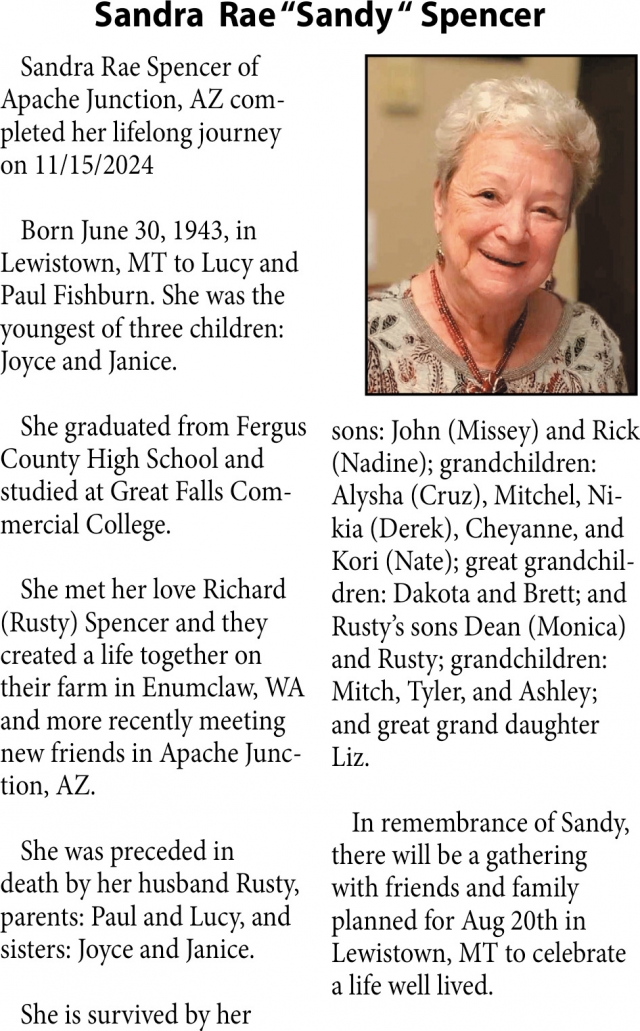 Sandra Rae "Sandy" Spencer, Obituaries, Glendive, MT