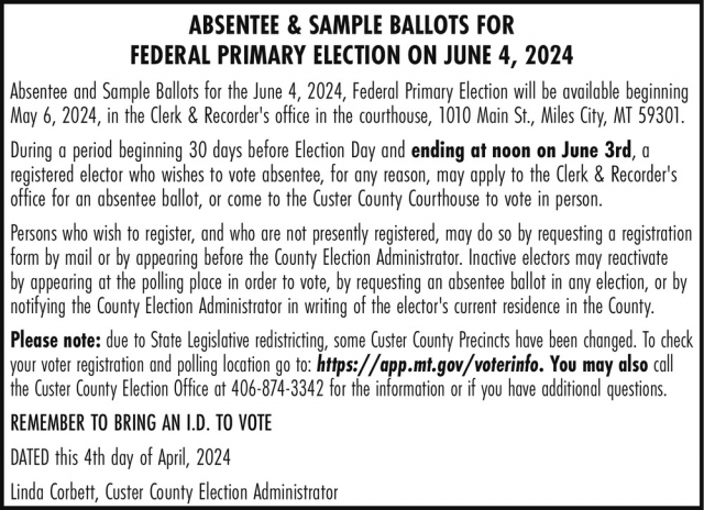 Absentee & Sample Ballots, Linda Corbett - Custer County Clerk & Recorder, Miles City, MT