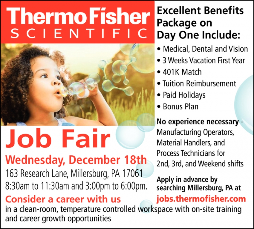 Wednesday, December 18th, Thermo Fisher Scientific, Millersburg, PA