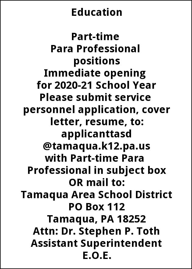 Parttime Para Professional Positions, Tamaqua Area School District