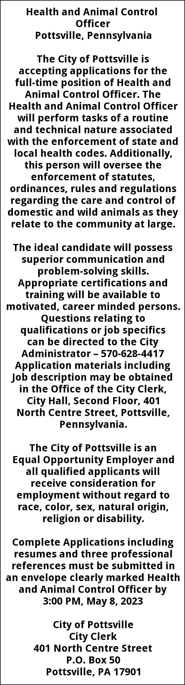 Health and Animal Control Officer, City Of Pottsville, Pottsville, PA