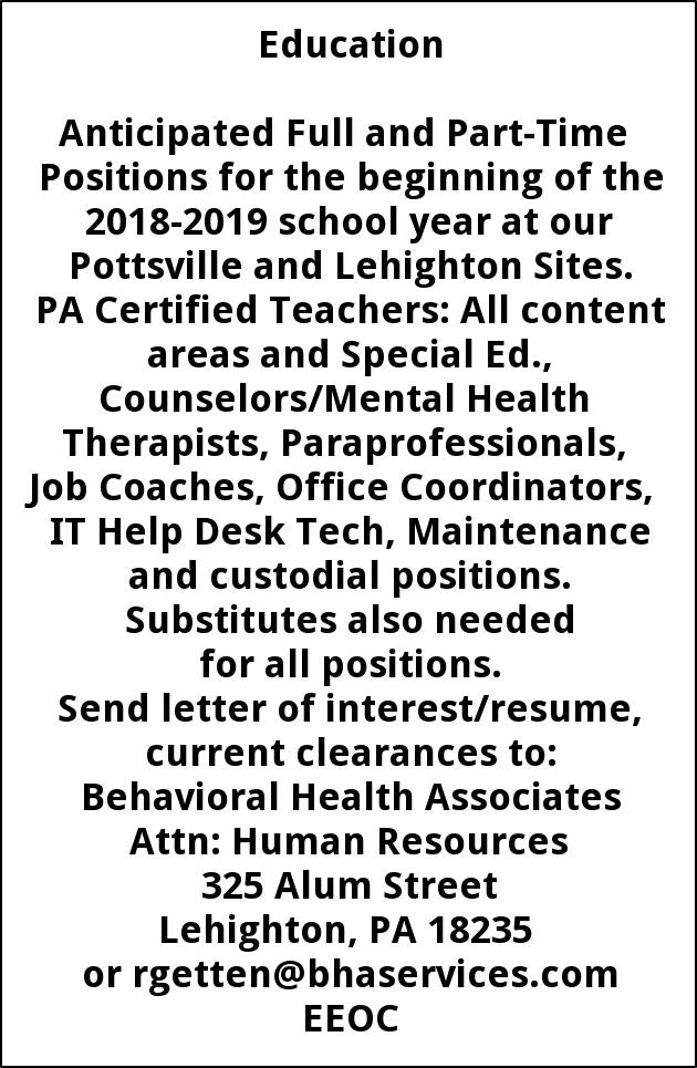 Pa Certified Teachers Councelorsmental Health Therapists Paraprofessionals Job Coaches Office Coordinators It Help Desk Tech