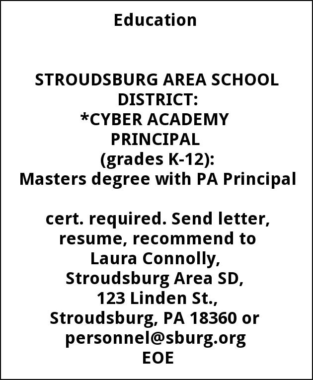 Cyber Academy Principal, Stroudsburg Area School District, Stroudsburg, PA