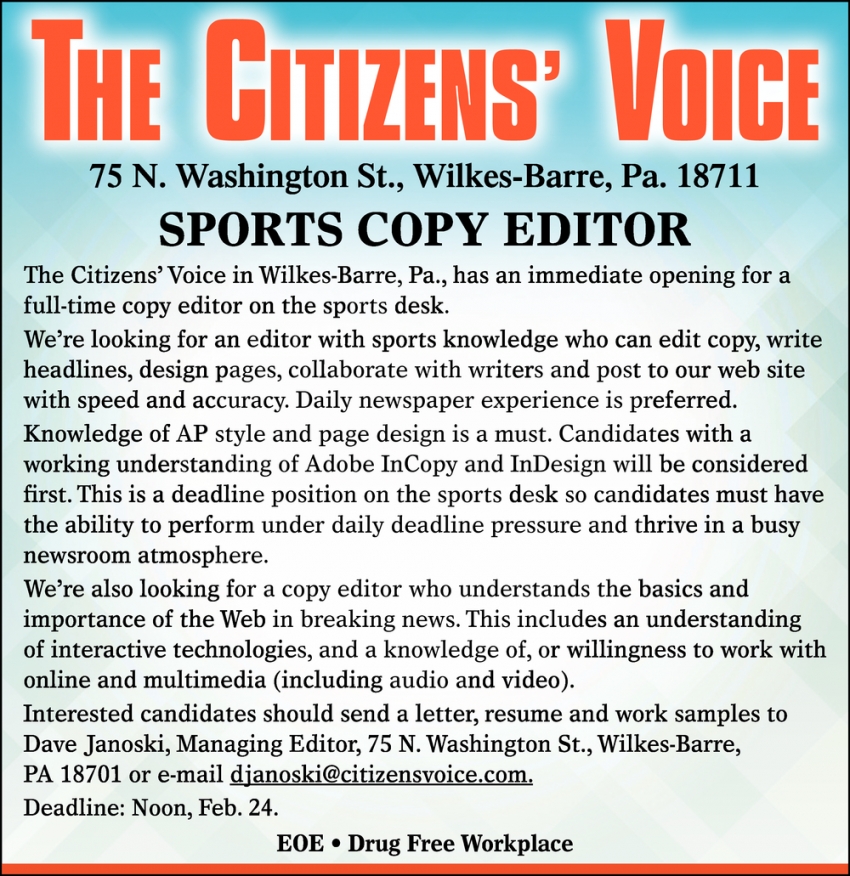 Sports Copy Editor, The Citizens' Voice, Wilkes Barre, PA