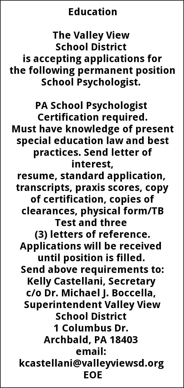 School Psychologist, Valley View School District, Archbald, PA
