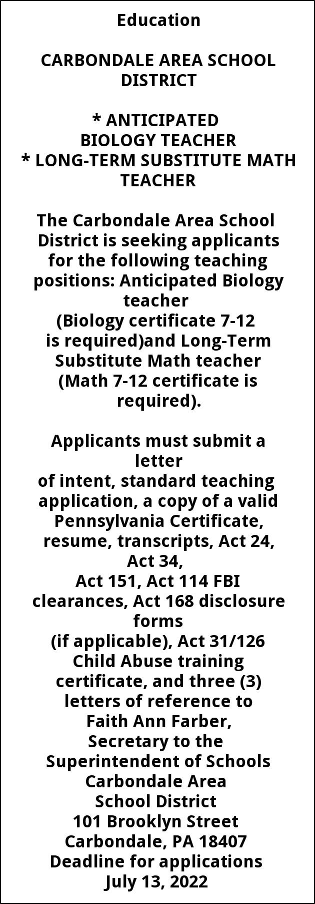 Biology Teacher - Long Term Substitute Math Teacher