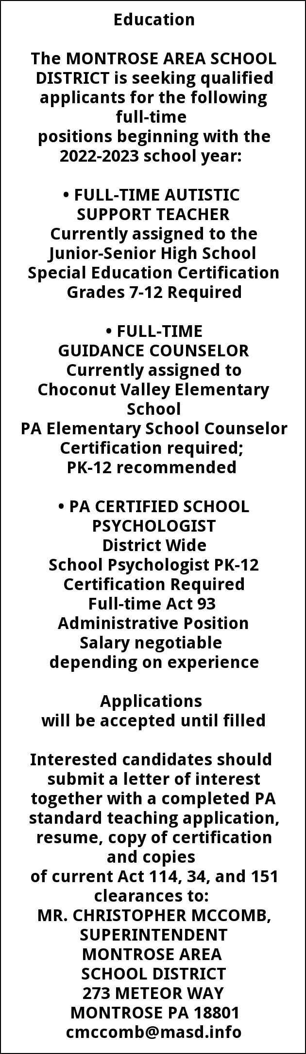Full Time Autistic Support Teacher - Guidance Counselor