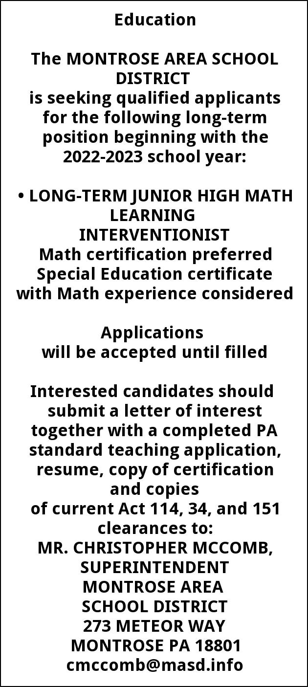 Long Term Junion High Math Learning Interventionist