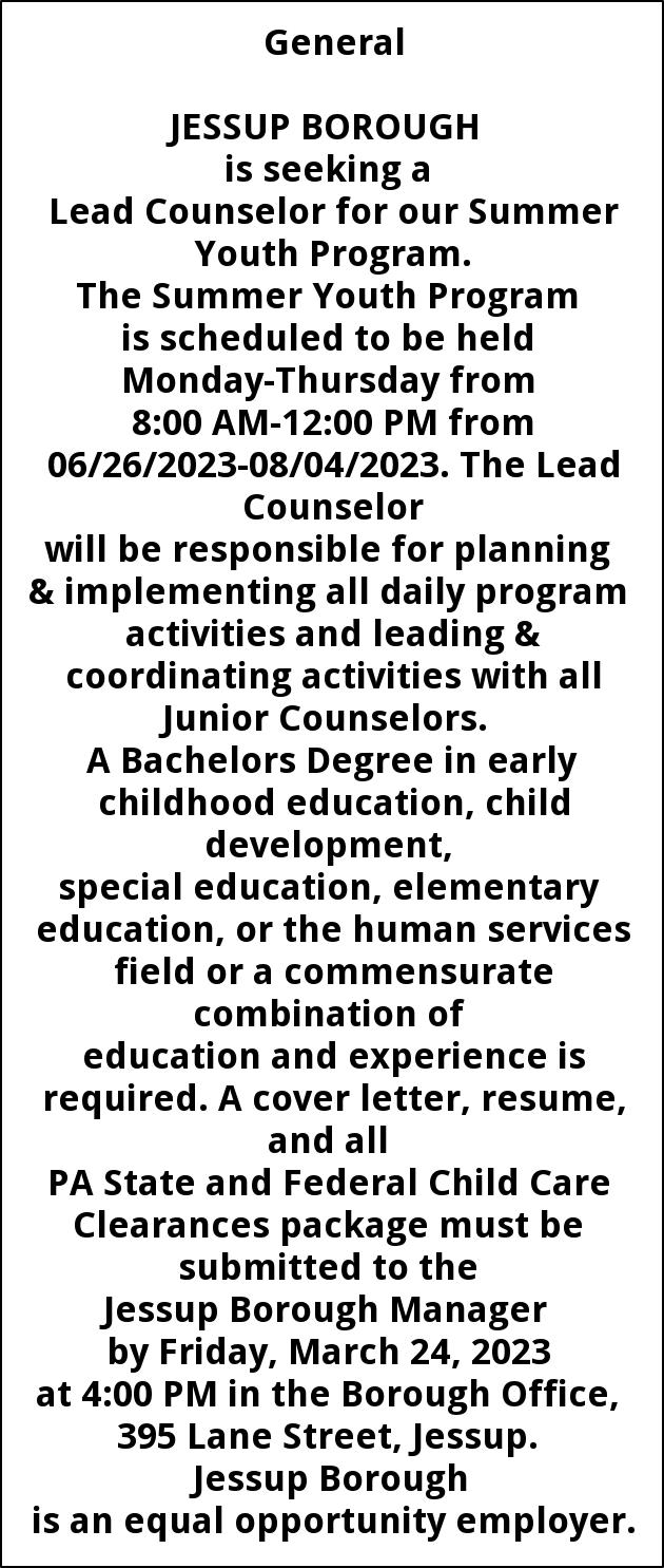 Lead Counselor For Our Summer Youth Program