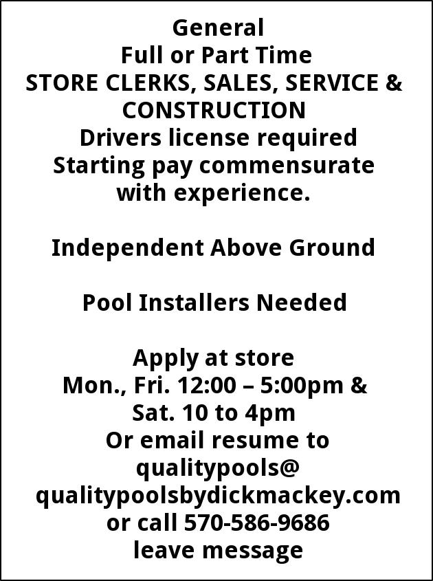 Full Or Part Time Store Clerks, Sales, Service & Construction