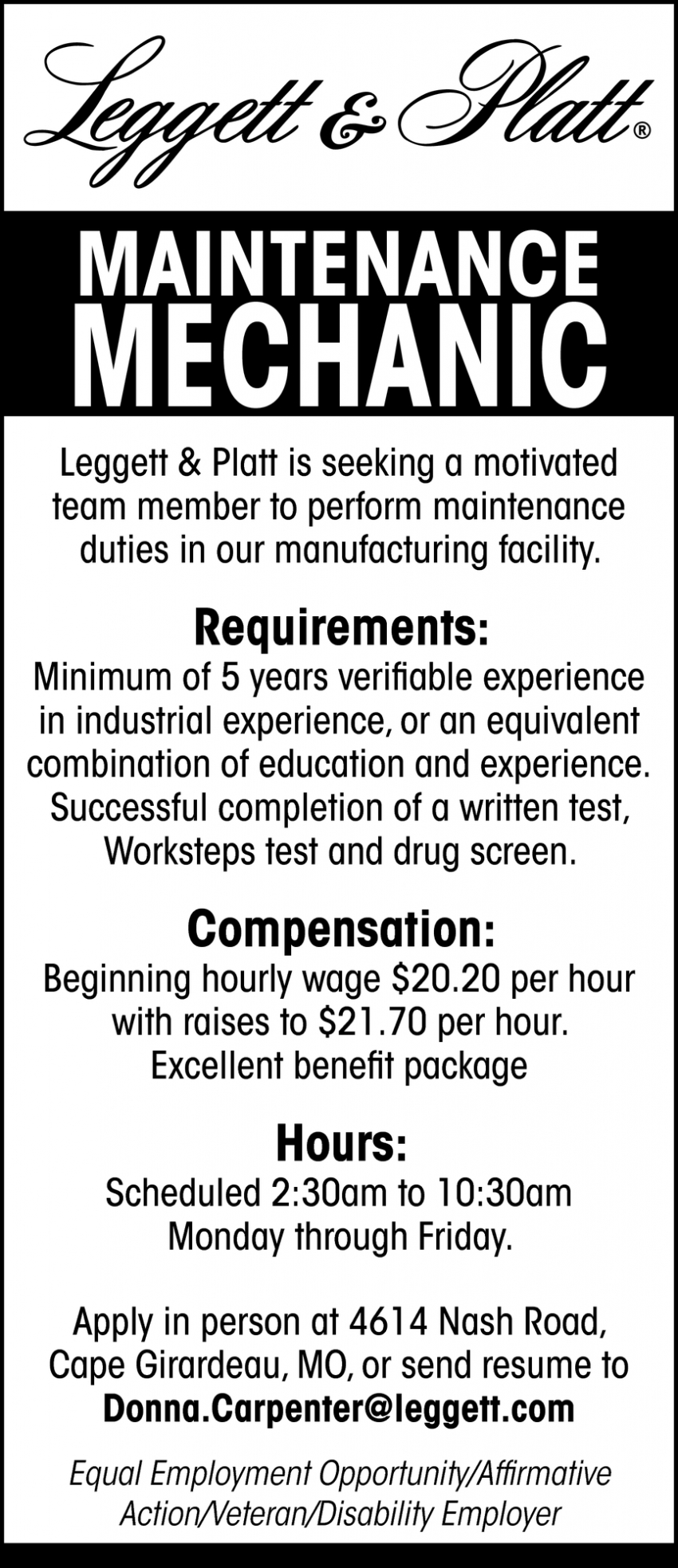 Maintenance Mechanic, Leggett & Platt. Flooring Products, Cape
