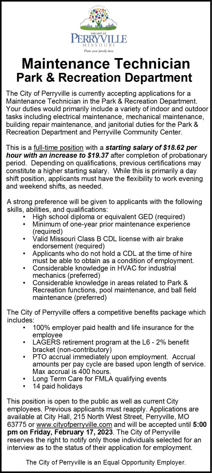 Maintenance Technician, City of Perryville, Perryville, MO
