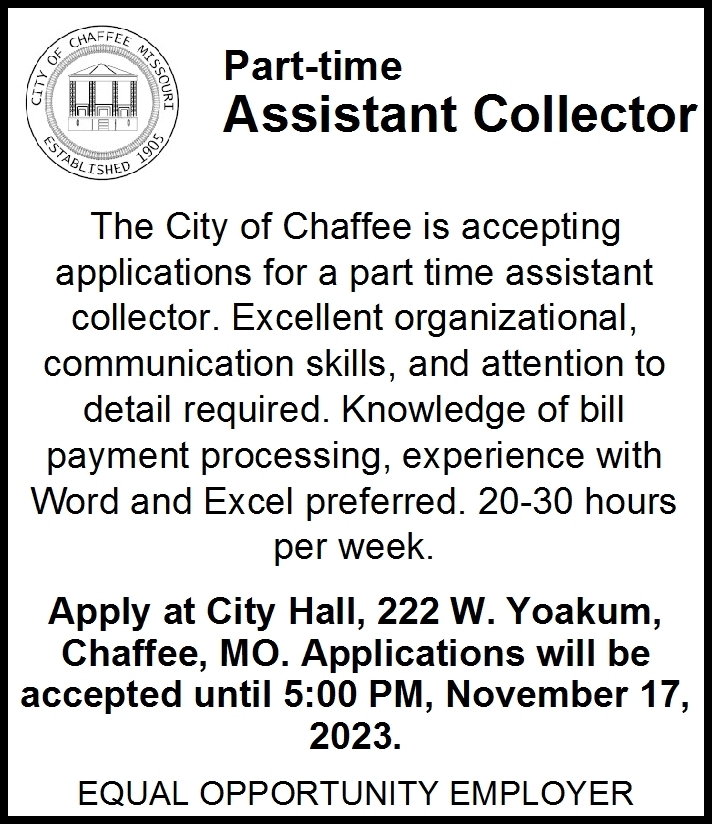 Part Time Assistant Collector, City Of Chaffee, Chaffee, MO