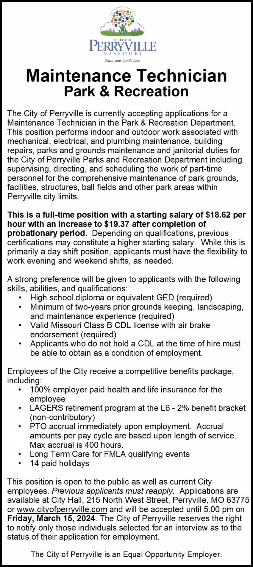 Maintenance Technician Park & Recreation, City of Perryville