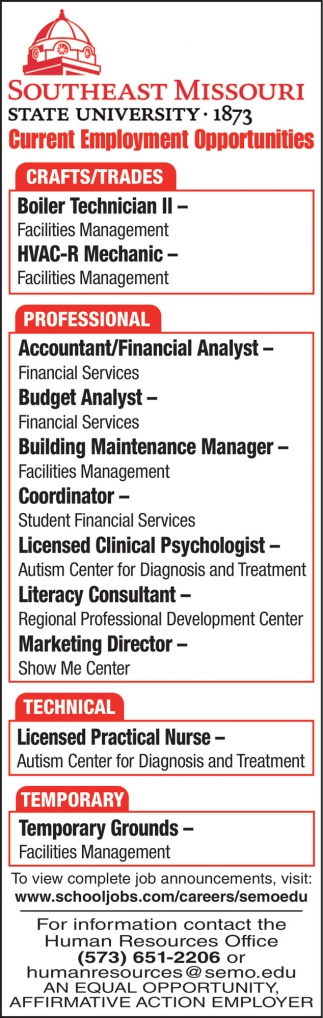 Current Employment Opportunities, Southeast Missouri State University