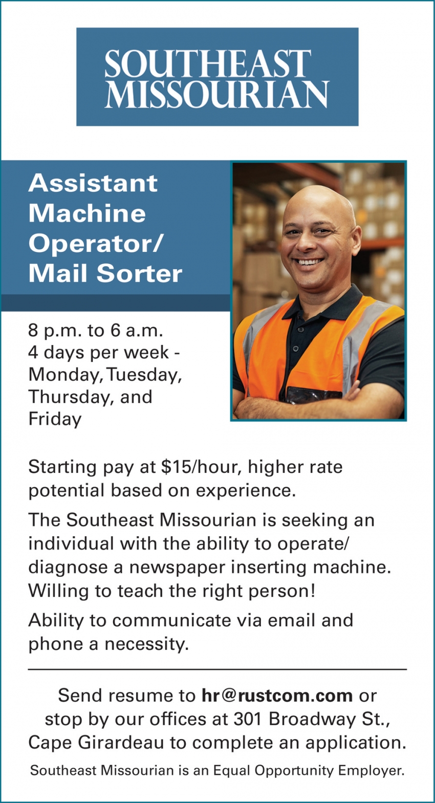 Assistant Machine Operator/Mail Sorter