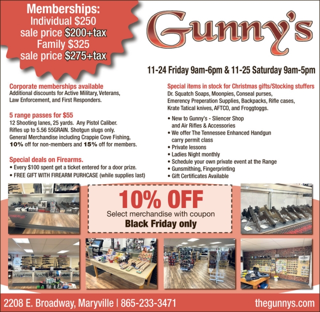 10% OFF, Gunny's, Maryville, TN