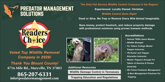 Voted Top Wilflife Removal, Predator Management Solutions & Wildlife Control, Maryville, TN