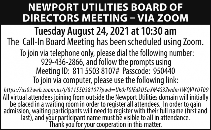 Newport Utilities Board Of Directors Meeting