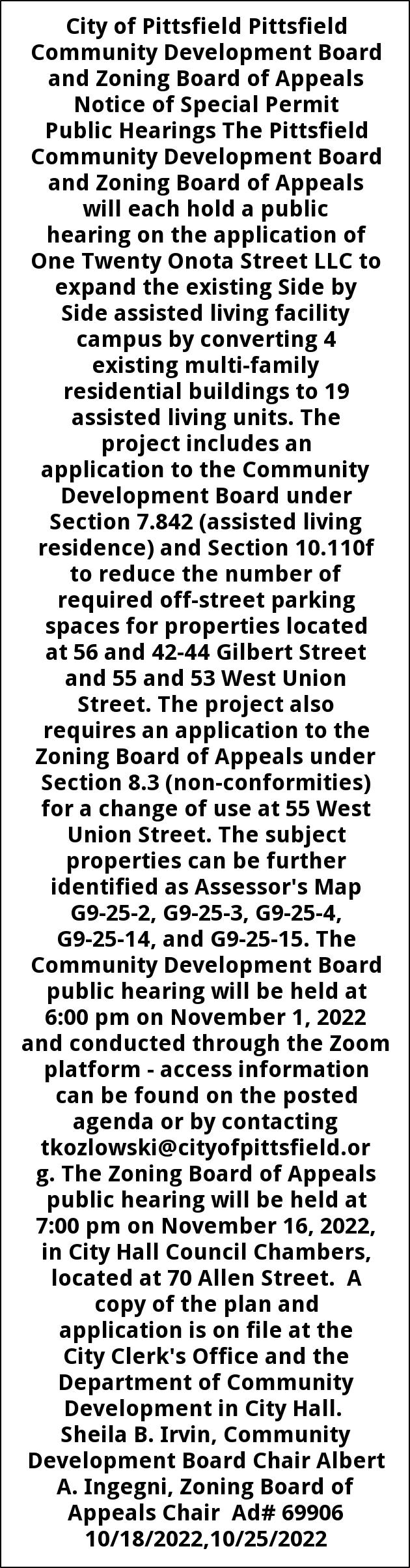 Notice of Special Permit, City of Pittsfield Community Development ...