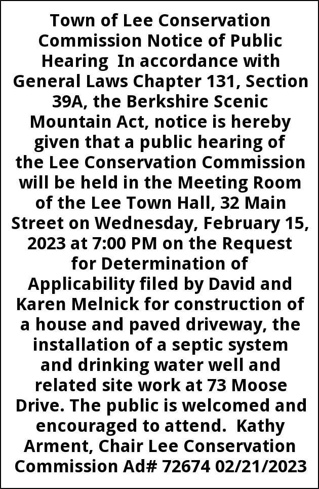 Notice of Public Hearing, Town Of Lee Conservation Commission, Lee, MA