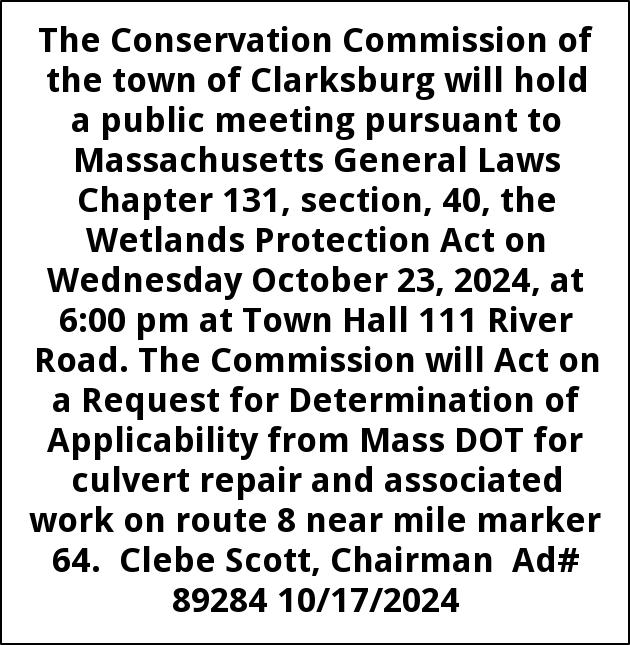 Public Meeting, Town Of Clarksburg Conservation Commission, Clarksburg, MA