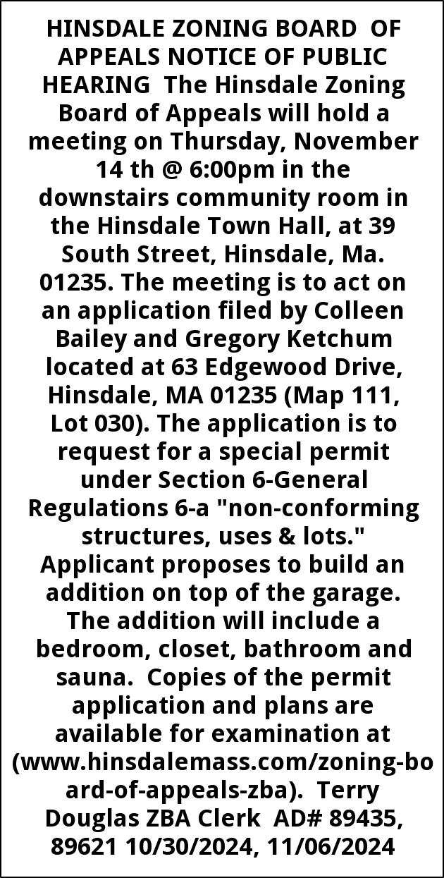 Notice of Public Hearing, Town Of Hinsdale Zoning Board Of Appeals