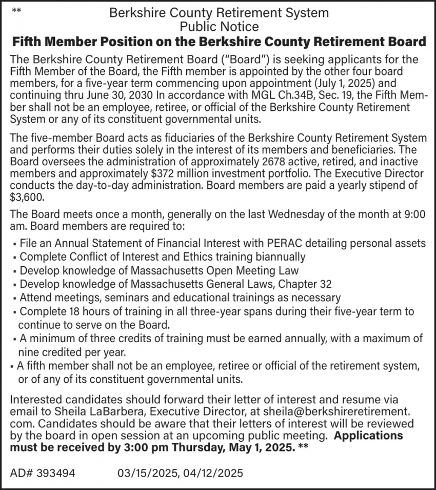 Public Notice, Berkshire County Retirement System