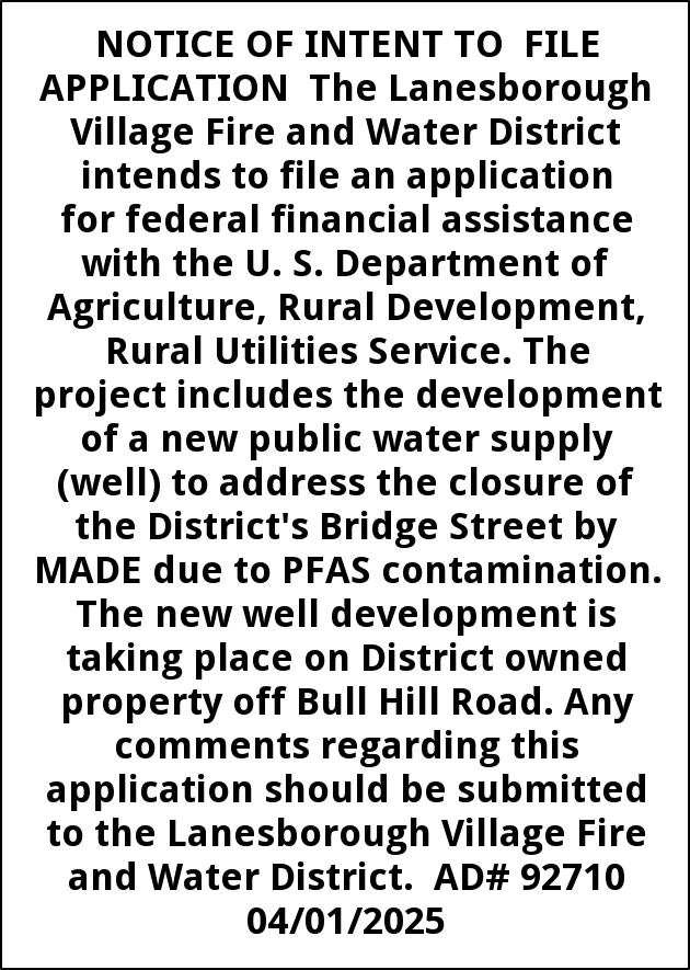Notice of Intent to File Application, Lanesborough Village Fire and Water District