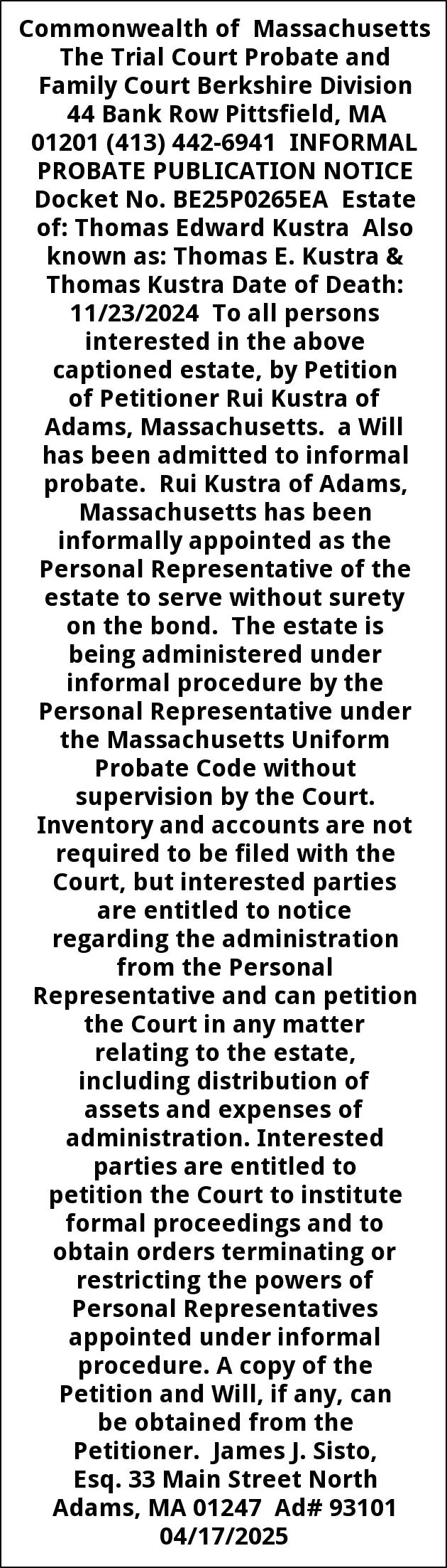 Informal Probate Publication Notice, Trial Court Probate and Family Court, Pittsfield, MA