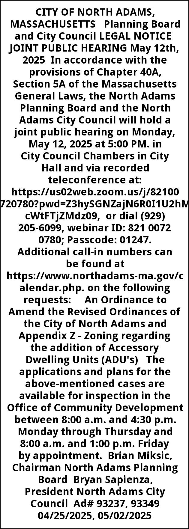 Legal Notice, City of North Adams Planning Board, North Adams, MA