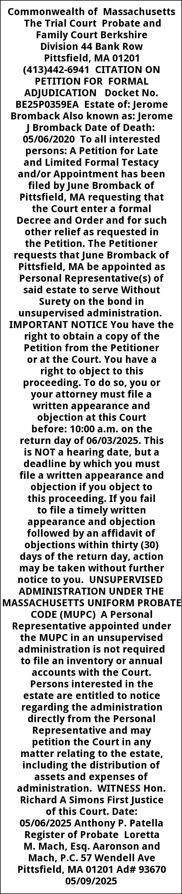 Citation, Trial Court Probate and Family Court, Pittsfield, MA