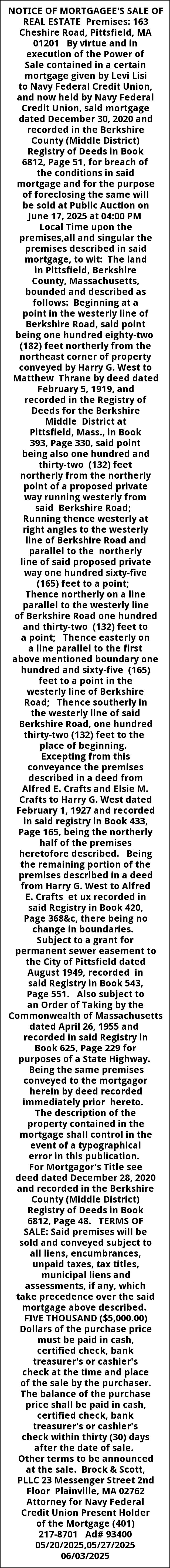 Notice of Mortgagee's Sale of Real Estate, Brock & Scott PLLC, Pawtucket, RI