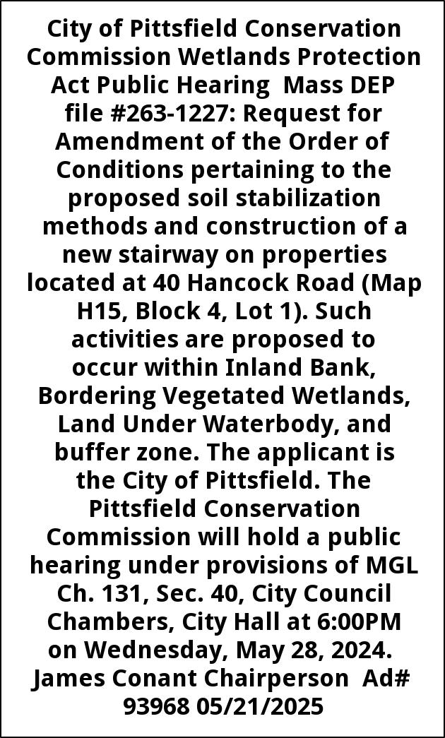Public Hearing, City of Pittsfield Conservation Commission , Pittsfield, MA