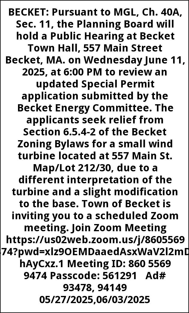 Public Hearing, Town Of Becket Planning Board