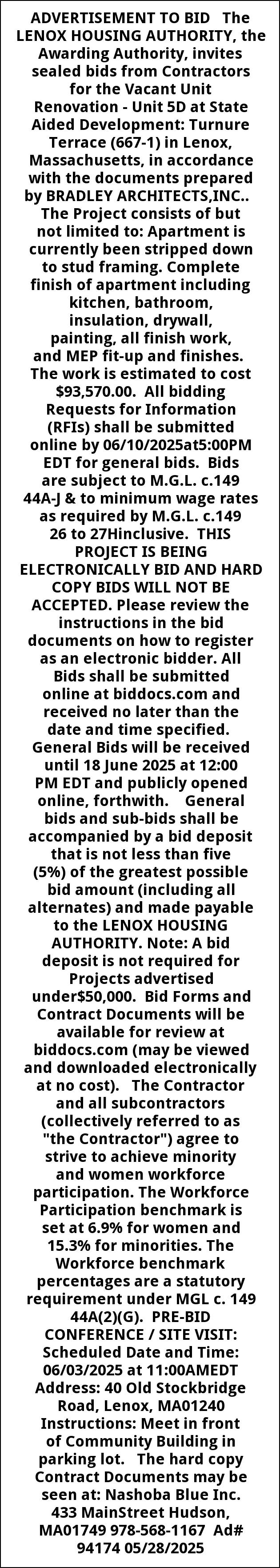 Advertisement To Bid, Lenox Housing Authority, Lenox, MA