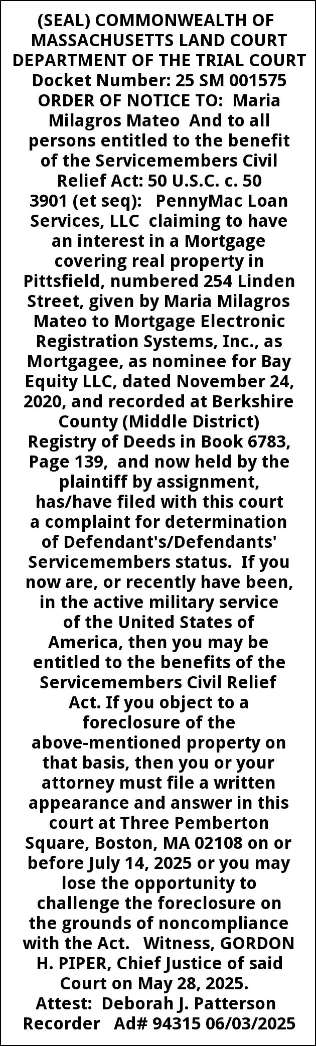 Order of Notice, The Commonwealth of Massachusetts Land Court Department, Boston, MA