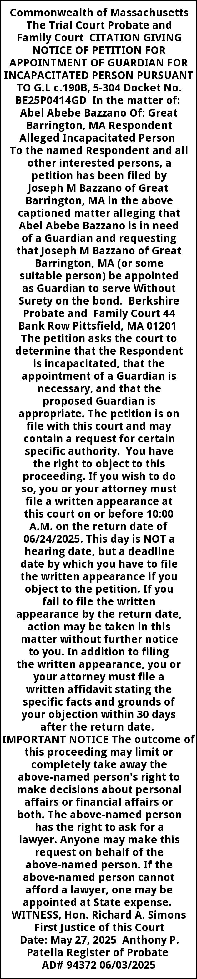 Citation, Trial Court Probate and Family Court, Pittsfield, MA