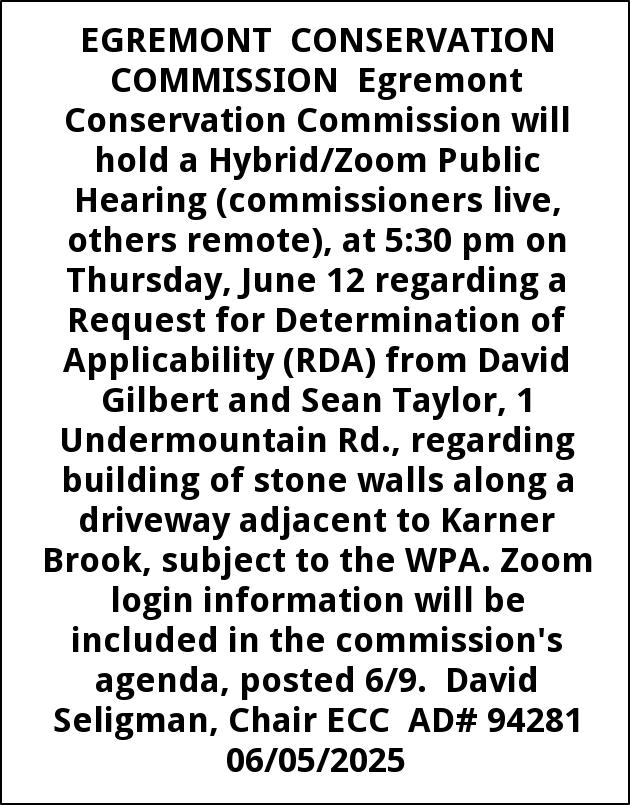 Public Hearing, Town of Egremont Conservation Commission, South Egremont, MA