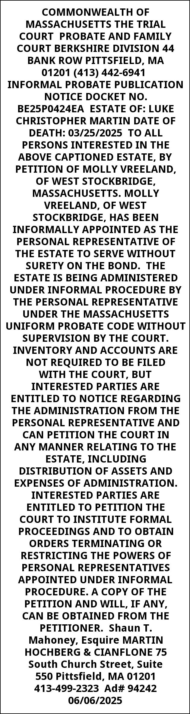 Informal Probate Publication Notice, Trial Court Probate and Family Court, Pittsfield, MA