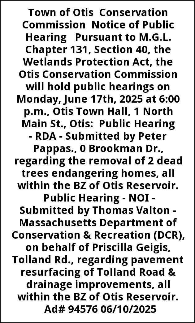 Public Hearing, Town of Otis Conservation Commission, Otis, MA