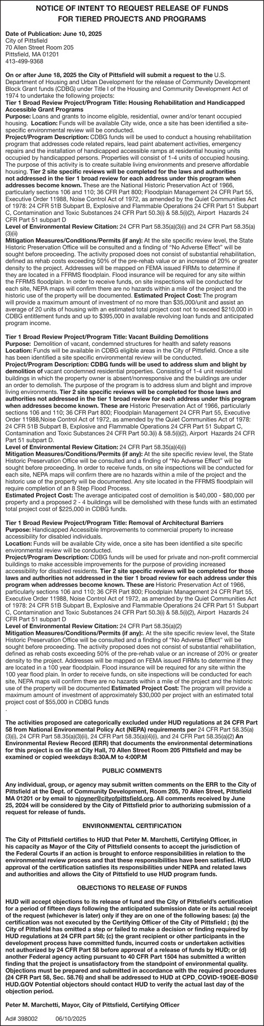 Notice of Intent to Request Release of Funds, City of Pittsfield , Pittsfield, MA