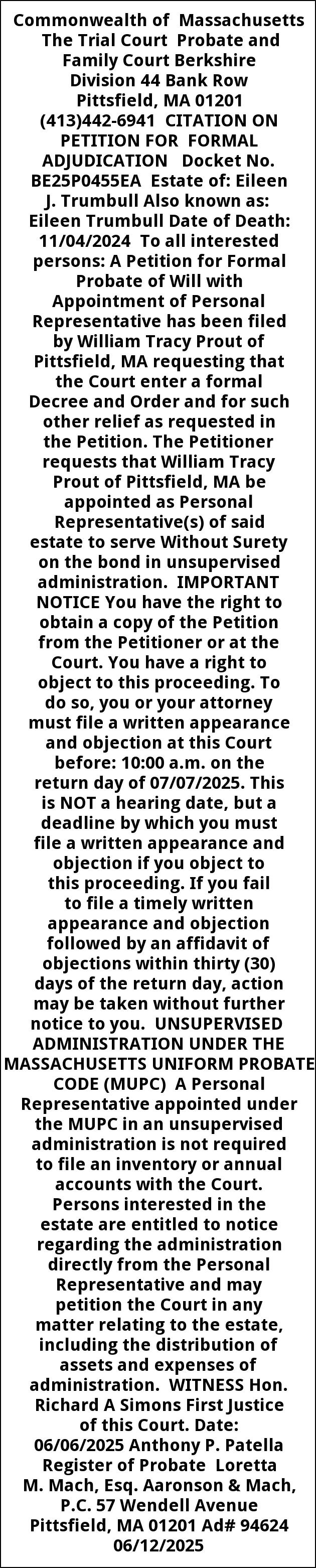 Citation, Trial Court Probate and Family Court, Pittsfield, MA