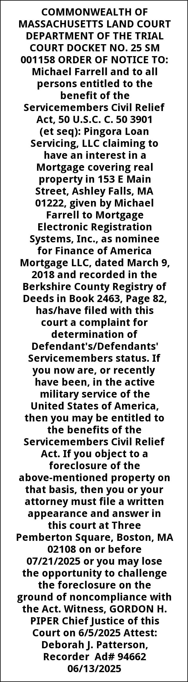 Notice, The Commonwealth of Massachusetts Land Court Department, Boston, MA